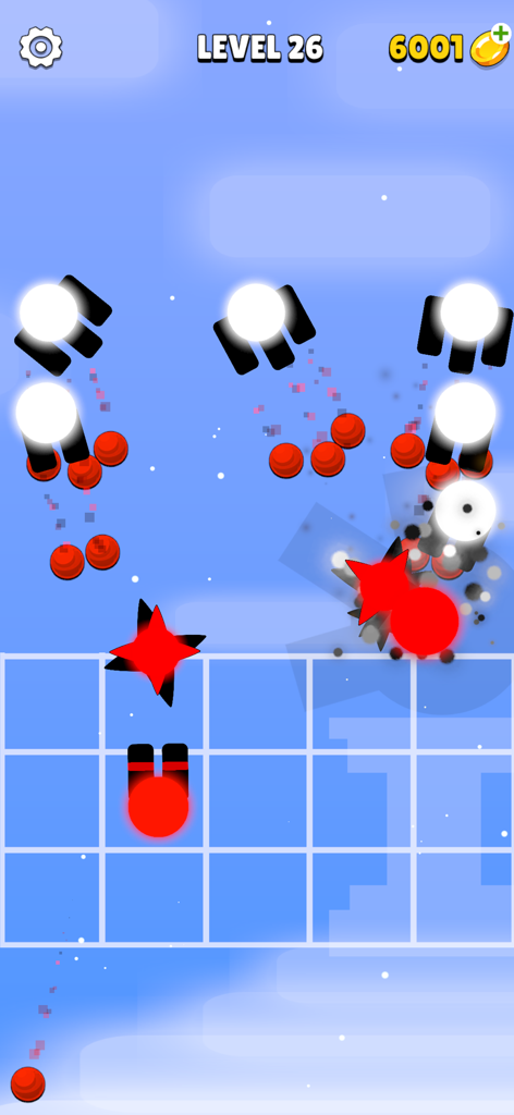 Fighter Merge mobile game level 26 battle scene with red and white units on a blue grid