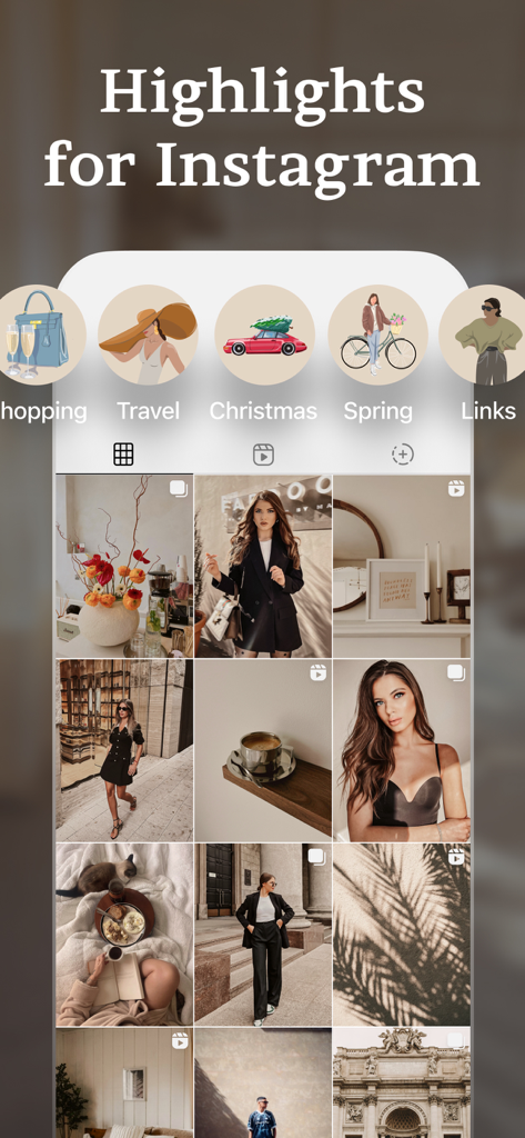 Couvertures de highlights Instagram esthétiques et une grille de photos soignée pour le branding sur les réseaux sociaux