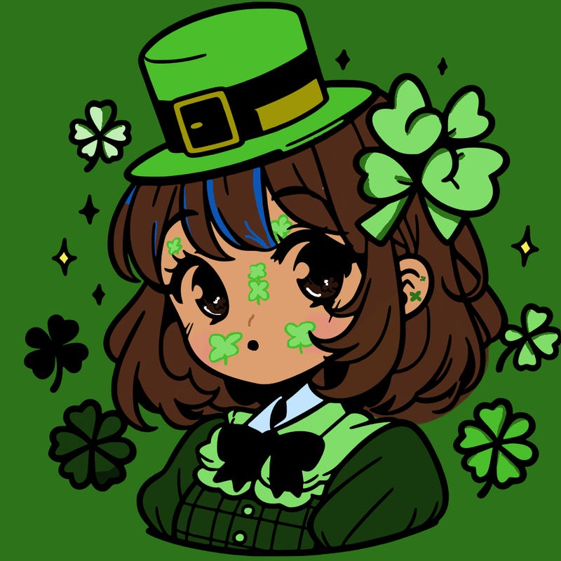 a manga-style girl with clovers around her, a little hat in her hair, like it's saint patrick's day