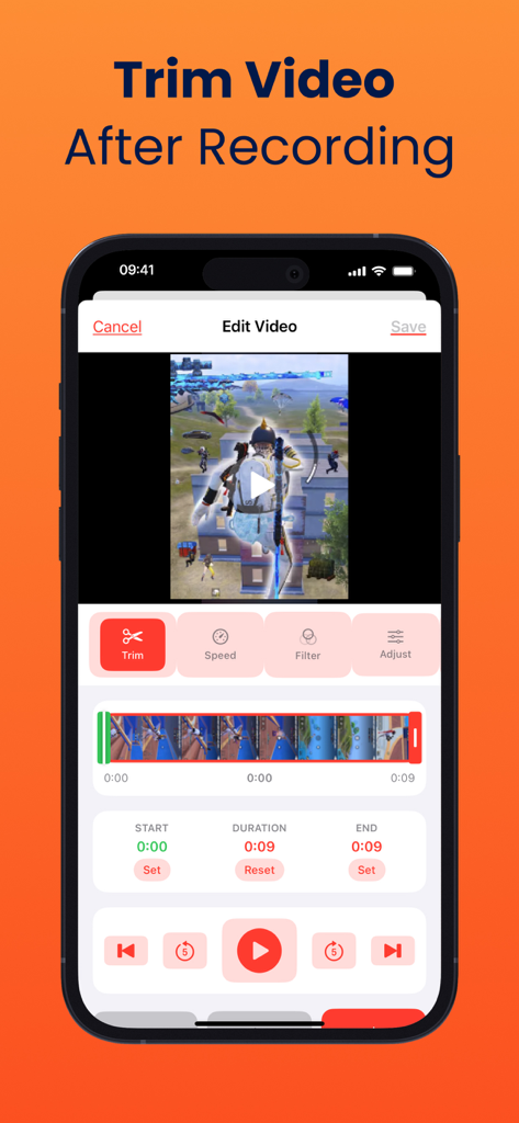 Screen Recorder: Record Video - Interface of the Screen Recorder app showing the video trimming tool after recording gameplay
