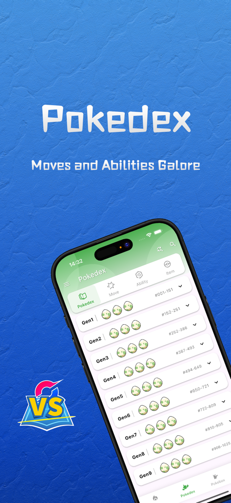 PMBattle app Pokedex screen showing Pokemon generations and navigation for moves abilities and items