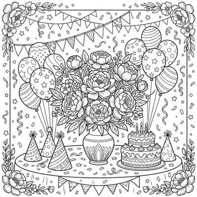This delightful coloring page brings together the elegance of lush peony bouquets and the vibrant joy of a birthday party. Immerse yourself in a festive scene featuring balloons, a decorated cake, and playful confetti, all waiting for your unique splash of color.
