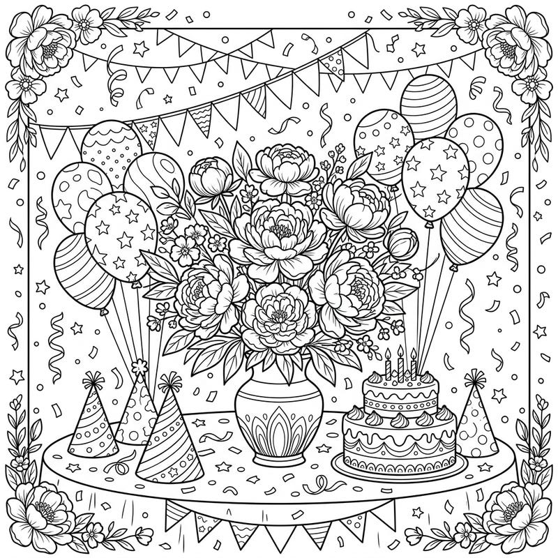 This delightful coloring page brings together the elegance of lush peony bouquets and the vibrant joy of a birthday party. Immerse yourself in a festive scene featuring balloons, a decorated cake, and playful confetti, all waiting for your unique splash of color.