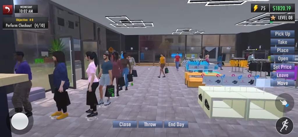 Clothing Store 3D Simulator - A 3D simulation of a clothing store with customers waiting in line at the checkout counter showing gameplay mechanics and UI