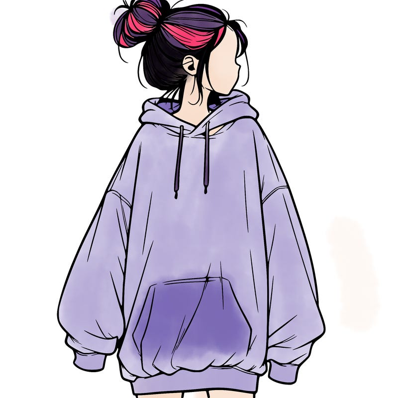 realistic girl with a oversized sweatshirt on and a bun