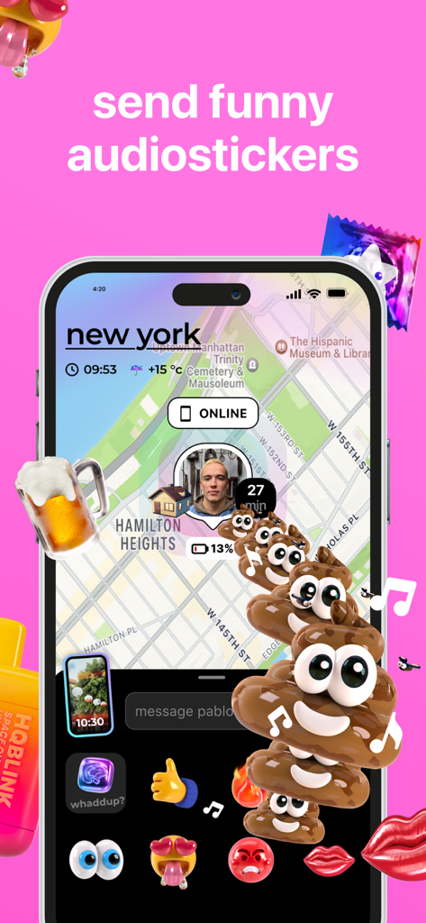 Blink app screen showing a social map of New York with a friend location and animated emoji stickers