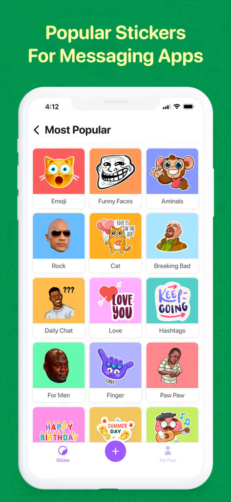 WaSticker - Sticker Maker - A grid of popular sticker categories in the WaSticker app including memes emojis and animals
