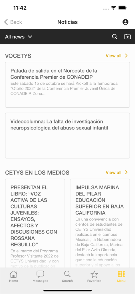 The news section of the CETYS app displaying university updates and media mentions in a list format