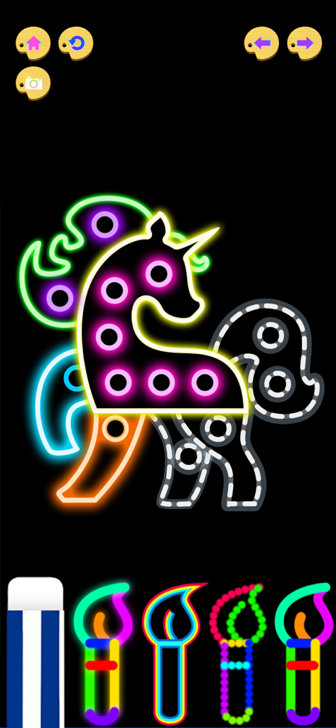 Kids Pop It Doodle Art Games - A neon unicorn being traced with colorful digital brushes on a black background.