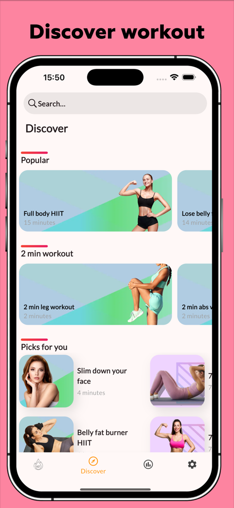 Lose Weight At Home For Women - Interfaz de la aplicación Pierde Peso en Casa Para Mujeres mostrando populares entrenamientos HIIT y dirigidos para mujeres.