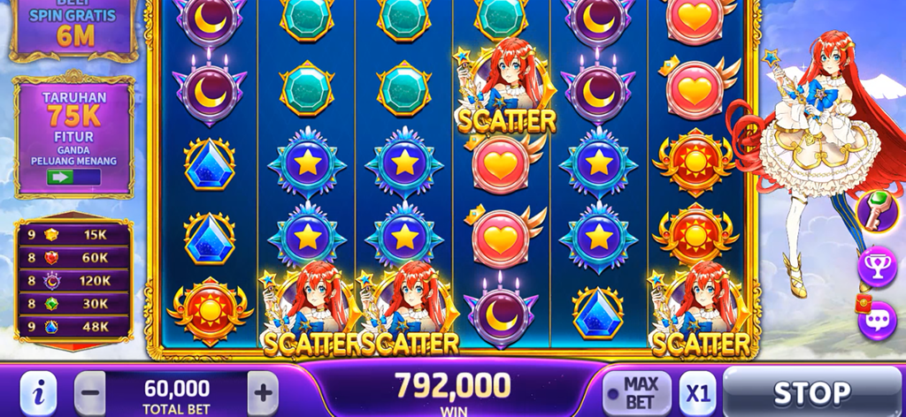 Gameplay screen of Joker King Slots Online showing anime-style symbols and a large win display.