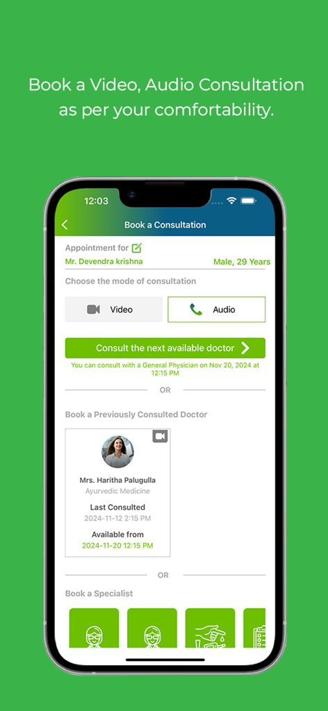 DocOnline: Ask a Doctor Online - Mobile interface of DocOnline app showing options to book a video or audio doctor consultation