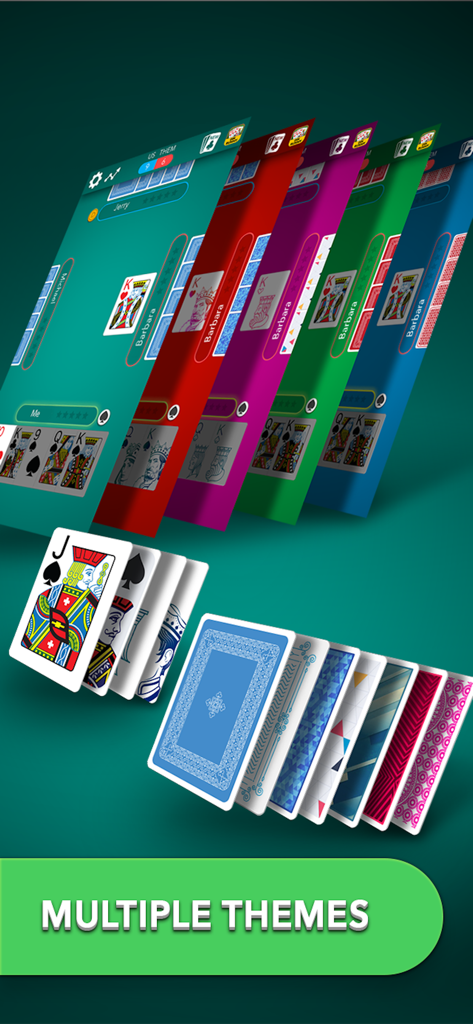 Uma variedade de temas de mesa coloridos e designs de verso de cartas para o aplicativo Euchre Classic Card Game
