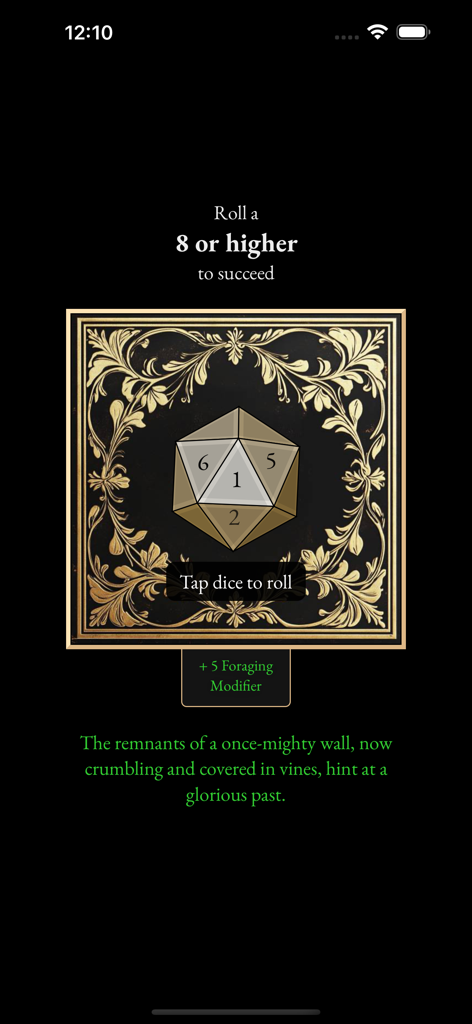 Prado Traveler - Fitness RPG - RPG style dice roll challenge screen in the Prado Traveler fitness app where users must roll an 8 or higher for success