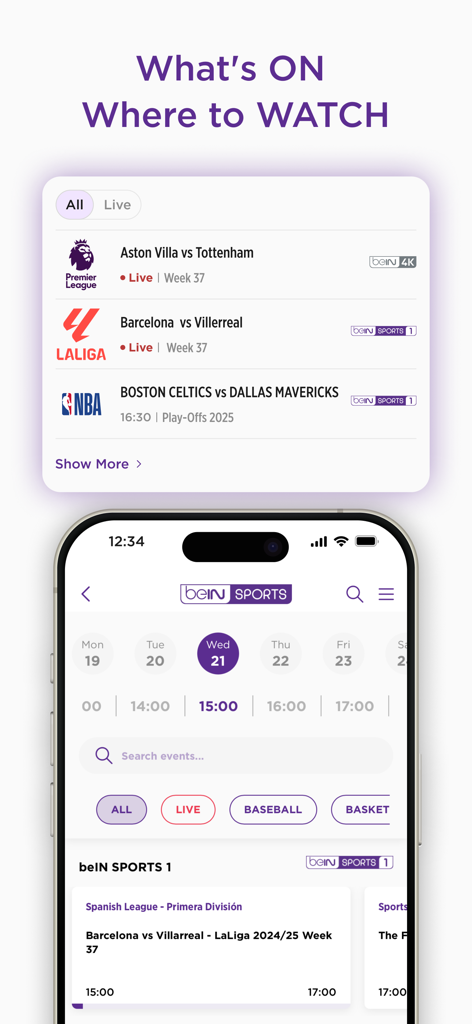 beIN SPORTS - 프리미어리그와 라리가를 포함한 축구 및 농구 경기의 라이브 일정을 보여주는 beIN SPORTS 앱 화면
