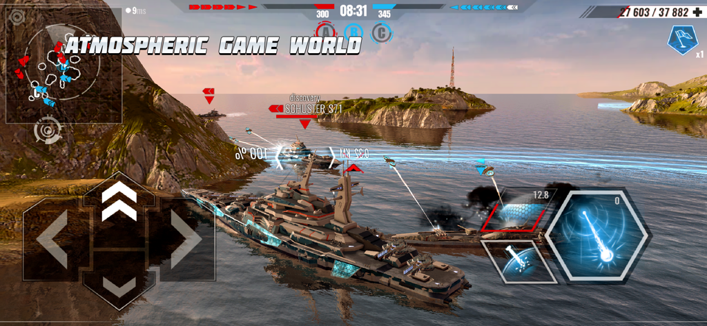 Pacific Warships: War Shooter - Futuristic warship navigating through a scenic island environment in Pacific Warships tactical naval combat.