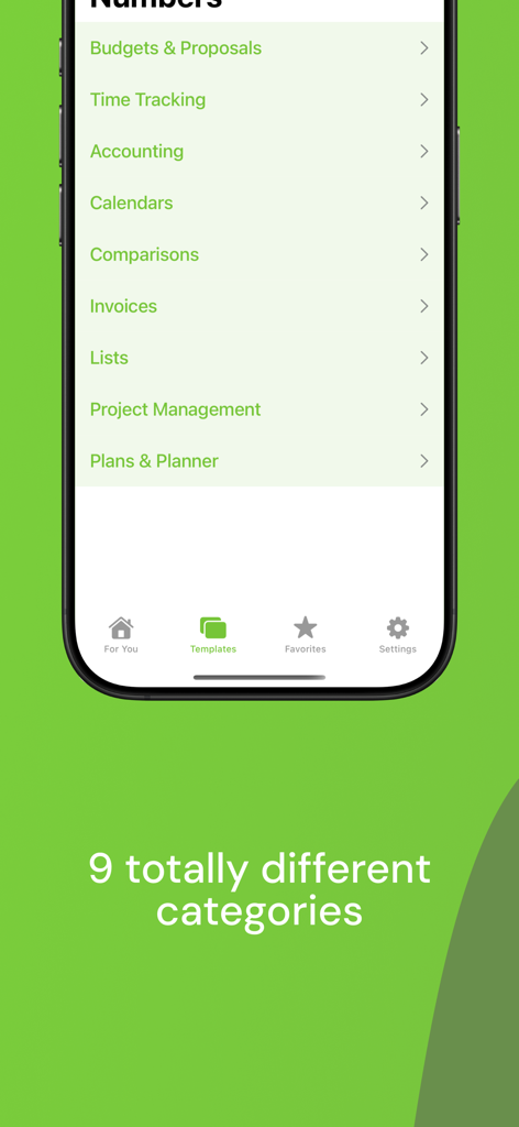 Templates for Numbers Pro - Eine Liste von neun Tabellenkalkulationsvorlagenkategorien in der App Templates for Numbers Pro, einschließlich Buchhaltung, Rechnungen und Projektmanagement.
