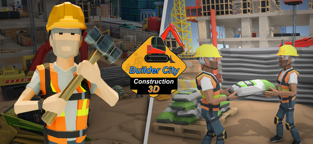 Builder City Construction 3D - Trabajadores de construcción 3D de baja poligonización en una obra con maquinaria pesada y herramientas