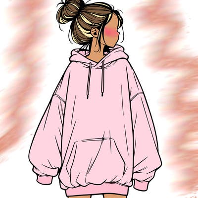 realistic girl with a oversized sweatshirt on and a bun