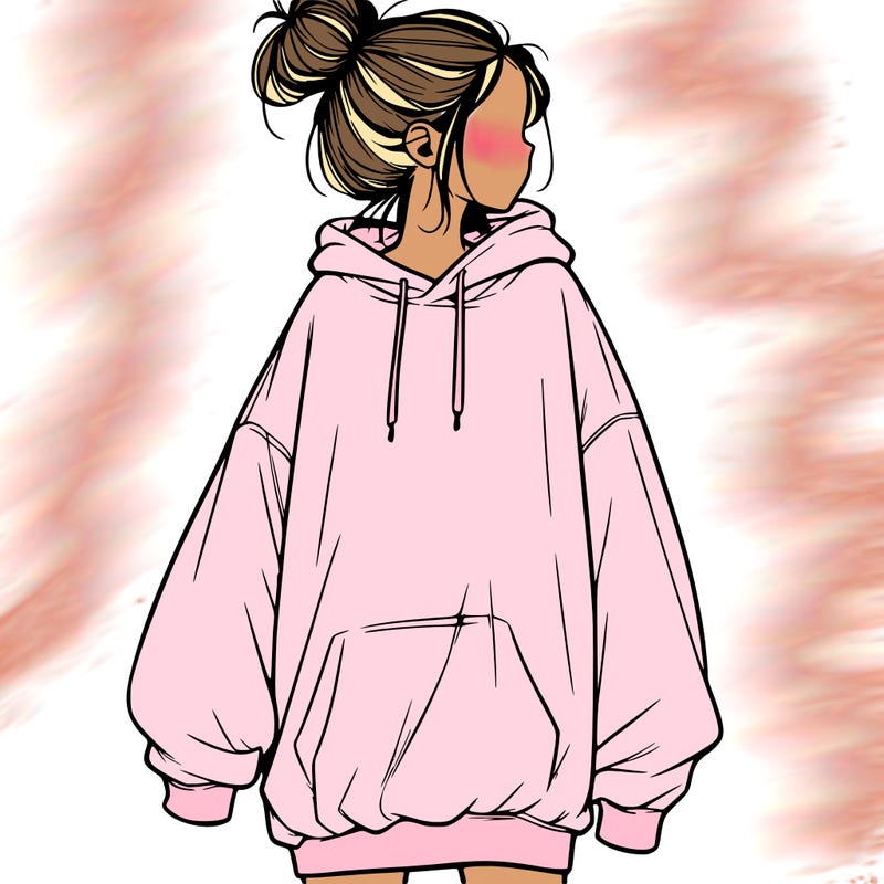 realistic girl with a oversized sweatshirt on and a bun