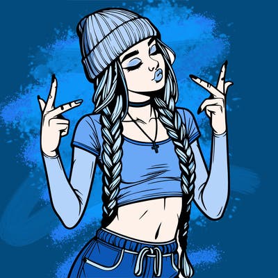 realistic teenage girl with braids and a beanie and crop top doing 🫶🏼