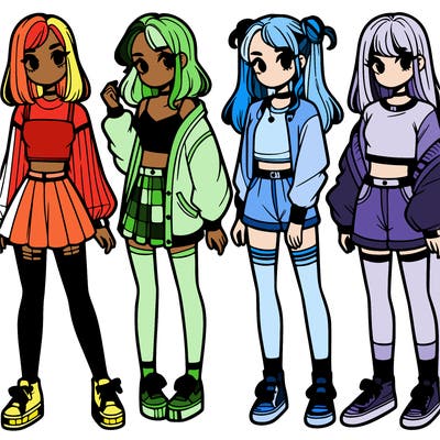 one girl with crop-top shirt and a jacket with a skirt, long socks and another girl with a shirt and pants with a jacket