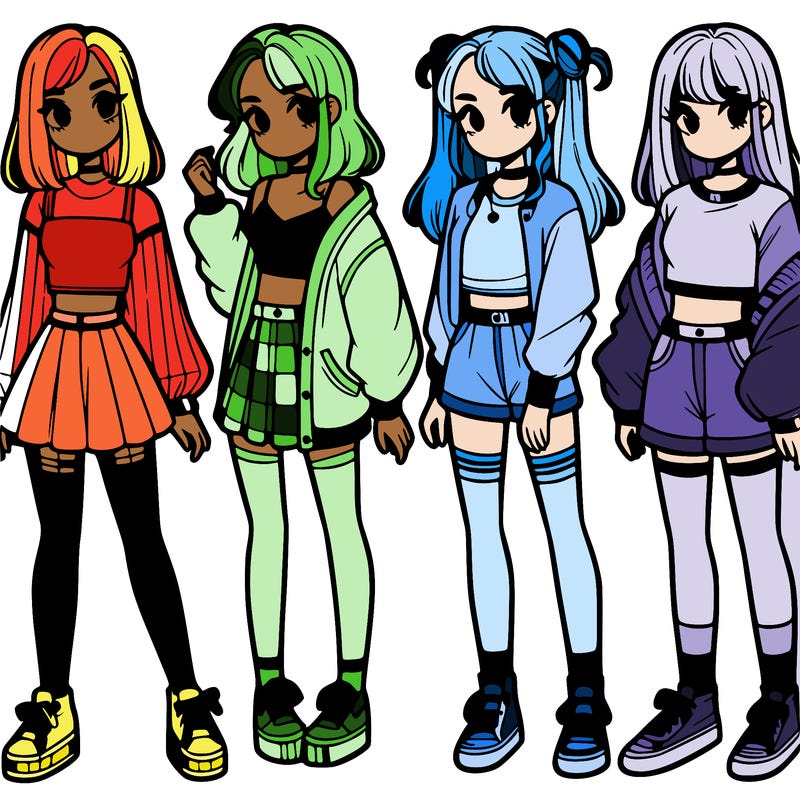 one girl with crop-top shirt and a jacket with a skirt, long socks and another girl with a shirt and pants with a jacket