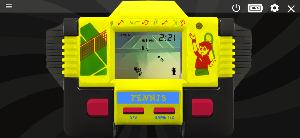 Mini Games Retro 90's - Un jeu de tennis électronique portable style années 90, jaune et noir, avec des boutons rouges et un écran LCD pixellisé.