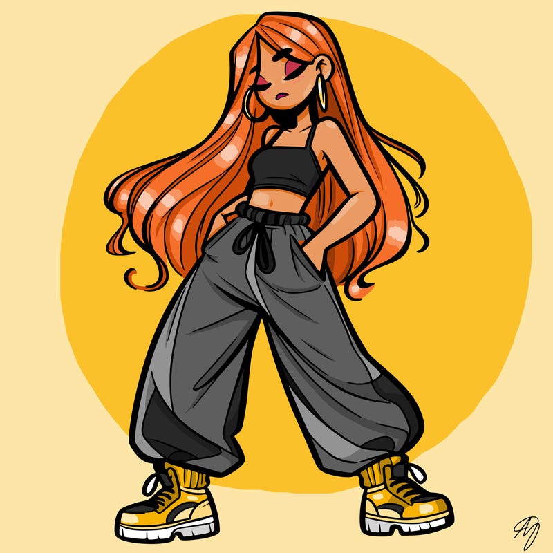 girl in baggy pants crop top and long hair