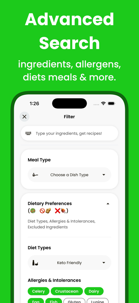 Yummify: AI Meal Plan, Recipes - Advanced search filters in the Yummify app for dietary preferences and allergies.