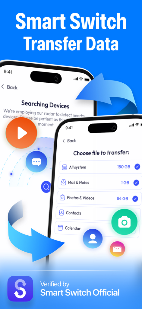 Smart Switch: Data Transfer - Smart Switch 앱 인터페이스가 사진 및 연락처 파일 선택 옵션과 함께 두 개의 iPhone 간의 무선 데이터 전송을 보여줍니다.
