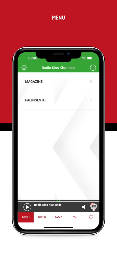 Kiss Kiss Italia - The menu screen of the Kiss Kiss Italia app featuring magazine and schedule categories