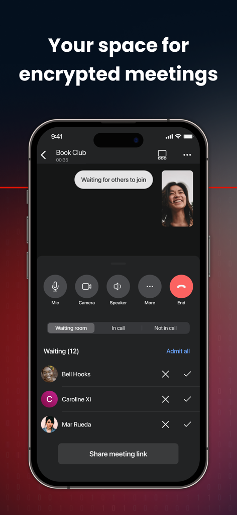 MEGA app interface showing an encrypted video meeting with a participant waiting room.