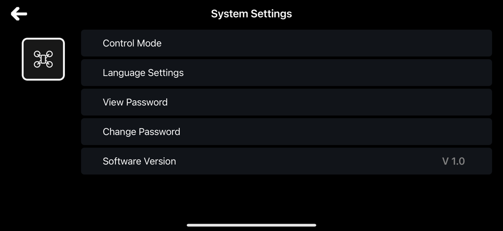 RC UFO - System settings menu of the RC UFO app showing control and language options