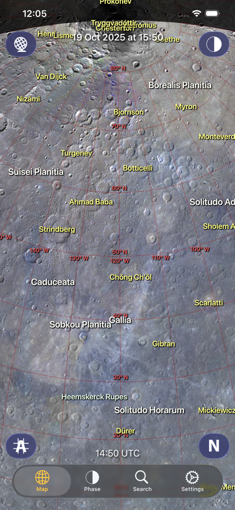 Mercury Atlas - 命名されたクレーターと座標線を示す水星の表面の詳細なマップ。マーキュリー・アトラスモバイルアプリ。