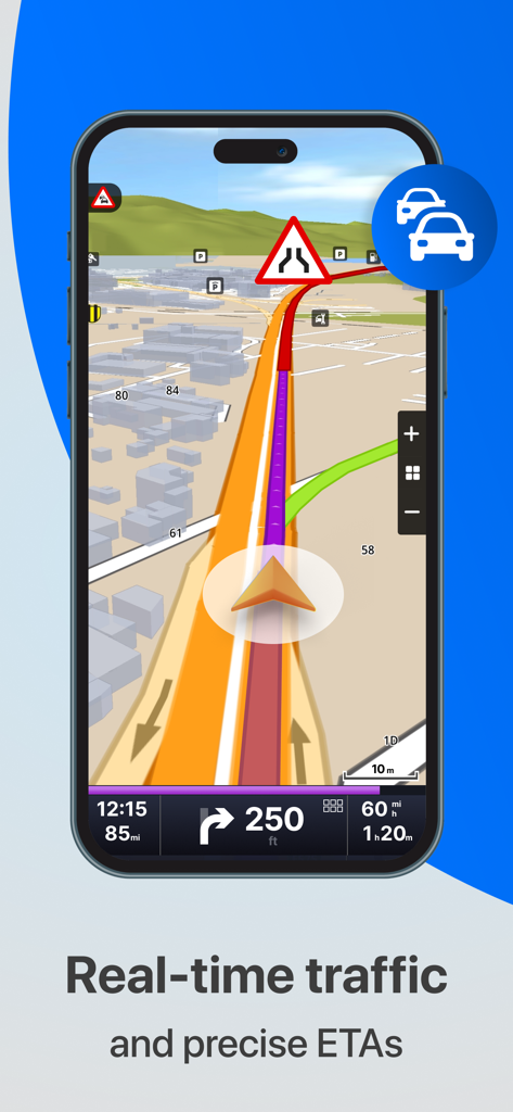 Sygic Truck & RV Navigation - Sygic Truck und RV Navigation App-Oberfläche mit Echtzeit-Verkehrsaktualisierungen und präzisen Ankunftszeiten auf einer 3D-Karte.