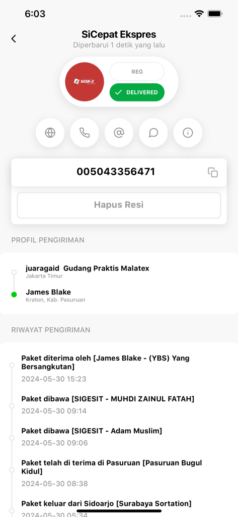 Kiriman+ - Kiriman plus app interface showing a delivered shipment status for SiCepat Ekspres with detailed delivery history