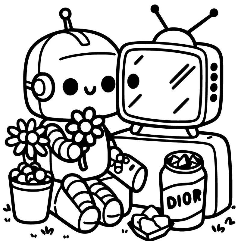 cute robot with flower in hand watching tv with some snacks
