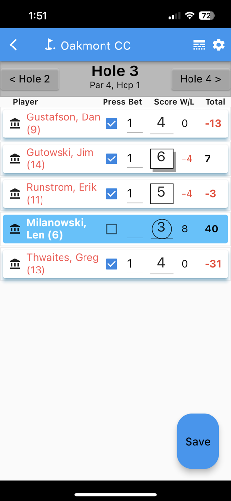Golf Bank App - Digital scorecard interface of the Golf Bank App showing player names, scores, and betting totals for a golf match.