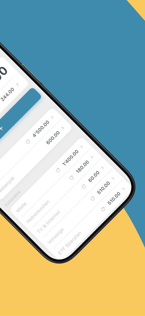 BUDGT app screen showing a list of monthly expenses like rent and utilities