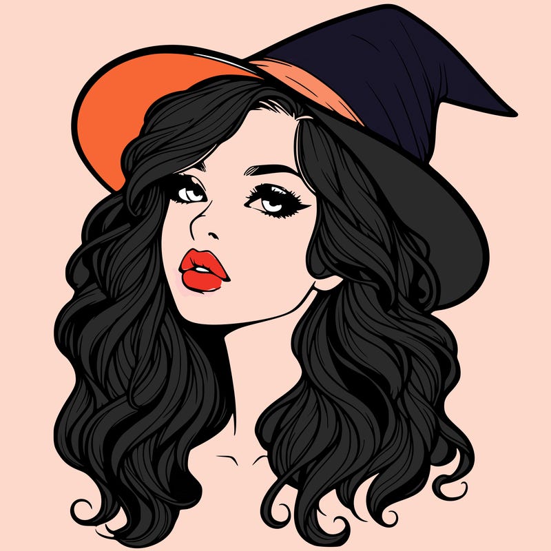 realistic witch girl with wavy hair and lips