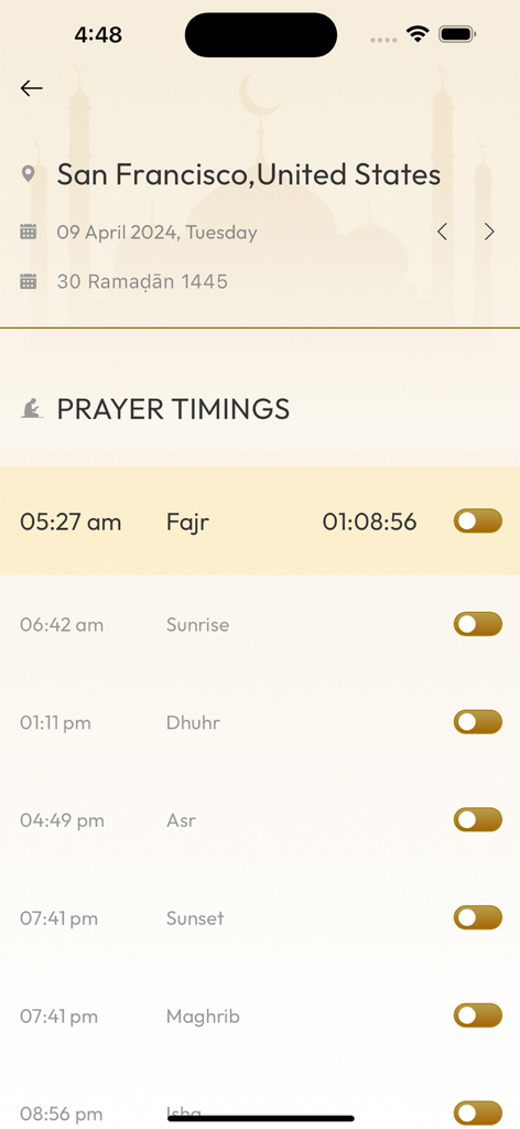 The Quran GPT - A mobile interface from The Quran GPT app showing daily Islamic prayer timings for San Francisco.