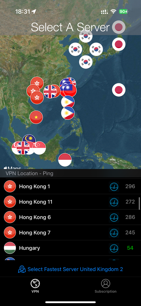 Global VPN - Global VPN interface showing a world map with server locations and a list of ping times for servers in Hong Kong and Hungary