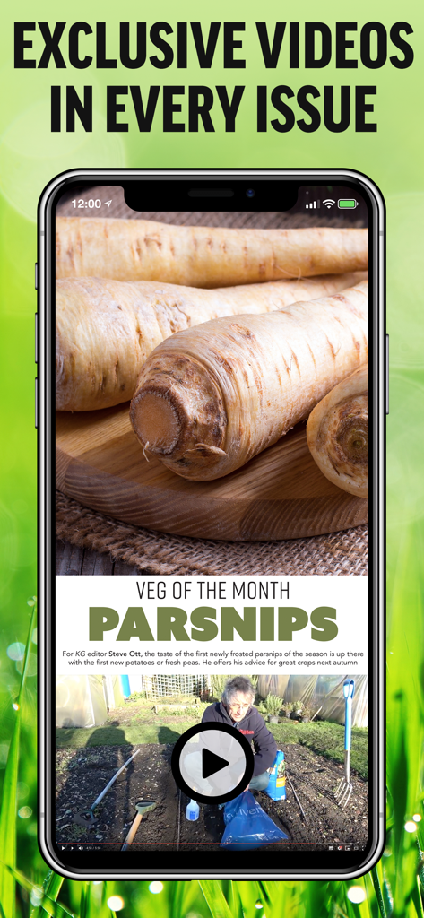 Kitchen Garden Magazine - Smartphone screen showing an exclusive gardening video about growing parsnips in the Kitchen Garden Magazine app