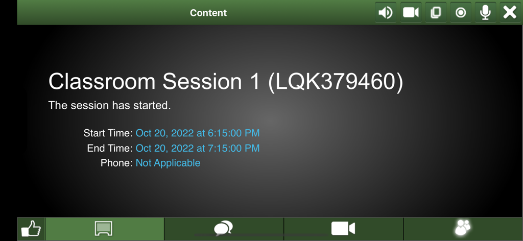 Interface of a Cornerstone Classroom virtual session showing meeting details and interaction controls