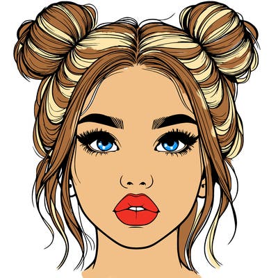 realistic girl with two buns on her hair and lips
