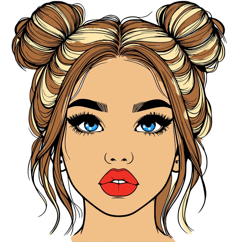 realistic girl with two buns on her hair and lips
