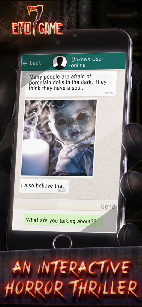 Seven - Endgame - Smartphone screen showing a creepy chat message and doll photo in the game Seven Endgame