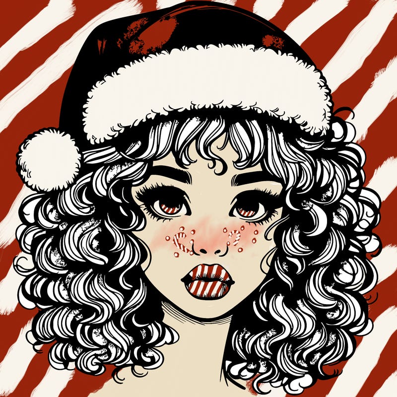 realistic girl with a santa hat curly hair and lips