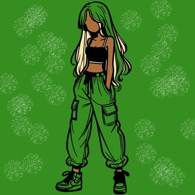 girl in baggy pants crop top and long hair